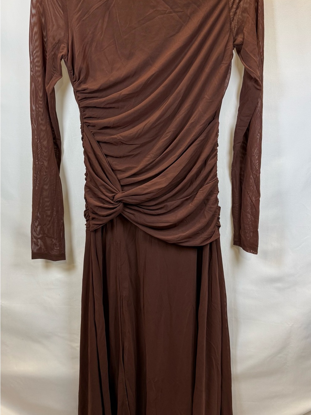 Long Sleeve Ruched Knot Midi Dress - Brown